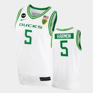 Men's Oregon Ducks College Basketball White De'Vion Harmon #5 BLM Patch Jersey 680945-359